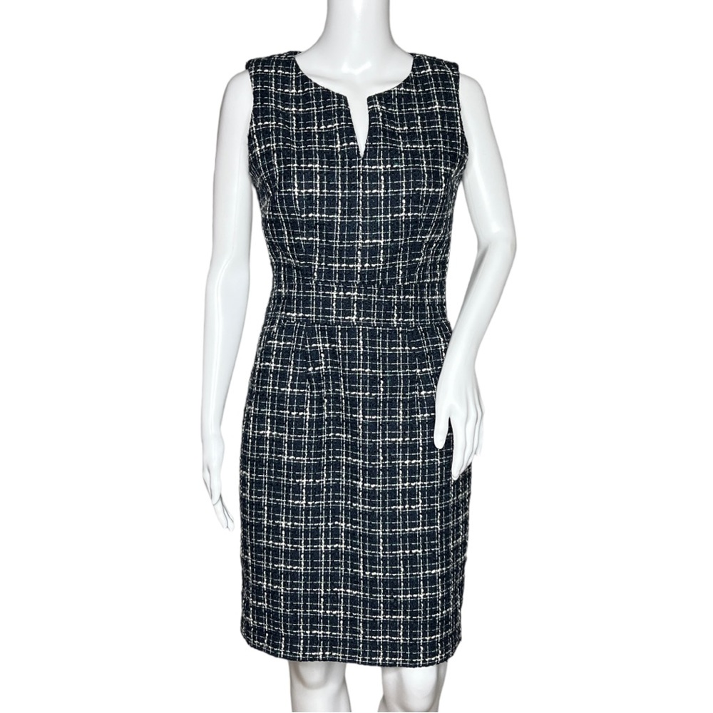 Banana Republic Factory Tweed Sheath Dress Black White Sleeveless Split Neck